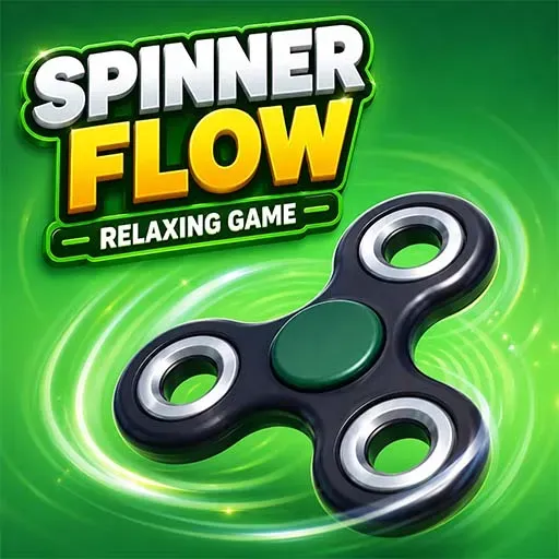 Spinner Flow Relaxing Game icon featuring a black fidget spinner with a glowing green background