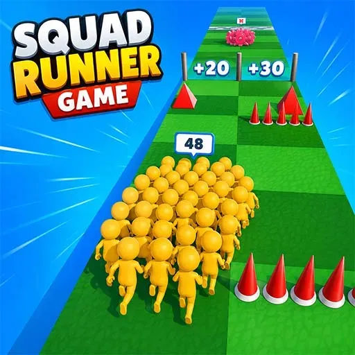 Squad Runner Game with a large group of yellow characters running through a green obstacle course with cones and number gates.