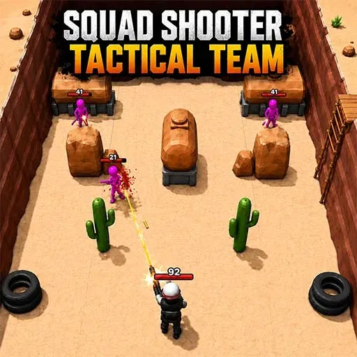Squad Shooter Tactical Team game scene with a player character shooting at enemy targets behind rocks and barriers in a desert arena.