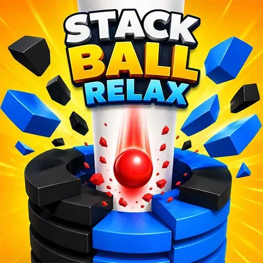 Stack Ball Relax game icon featuring a red ball breaking through colorful black and blue spiral platforms