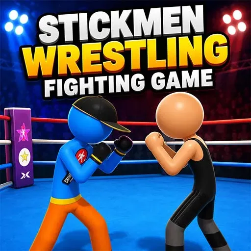 Stickmen Wrestling Fighting Game with two stickman fighters facing each other in a wrestling ring under colorful arena lights.