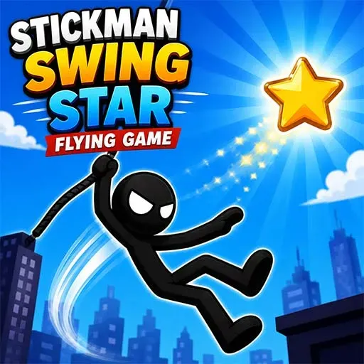 Stickman Swing Star Flying Game icon featuring a black stickman swinging through a city skyline toward a glowing golden star