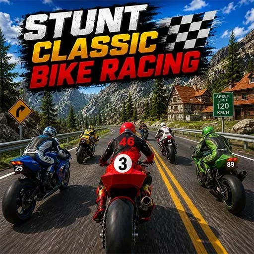 Stunt Classic Bike Racing game icon featuring multiple motorcyclists racing on a winding mountain road, with a red sport bike in the foreground, scenic alpine mountains, pine trees, roadside houses, and racing signs.