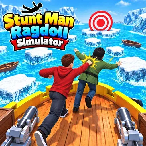 Stunt Man Ragdoll Simulator game icon featuring two characters on a wooden boat surrounded by floating ice platforms, with a target ahead and a stunt-action scene over icy water.