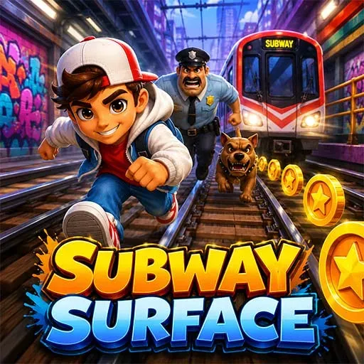 Subway Surface game icon featuring a boy running on subway tracks while escaping a police officer and dog