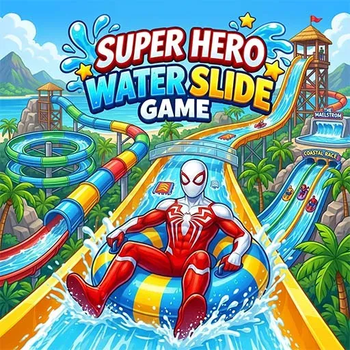 Super Hero Water Slide Games featuring a superhero riding a water slide inside a circular outline.