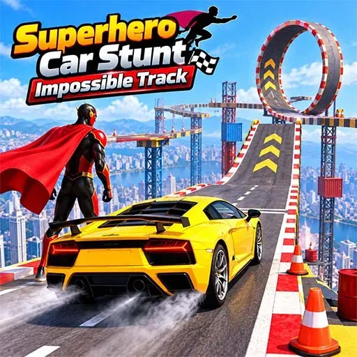 Superhero Car Stunt Impossible Track game icon featuring a superhero beside a yellow sports car on a high-altitude stunt track with a loop ramp