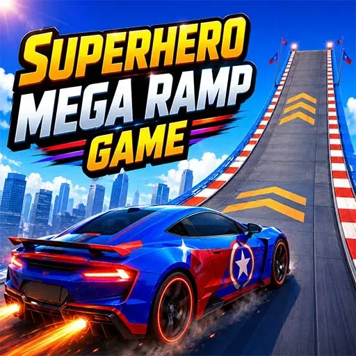 Superhero Mega Ramp Game icon featuring a blue sports car speeding toward a giant stunt ramp