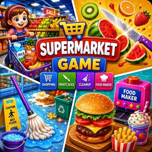 Supermarket Game Shopping Fruits Slice Cleanup Food Maker game icon featuring grocery shopping, fruit slicing, supermarket cleaning, and food-making activities