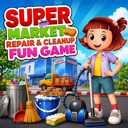 Supermarket Repair and Cleanup Fun Game icon featuring a girl cleaning outside a supermarket with a vacuum, mop, bucket, broom, and cleaning supplies