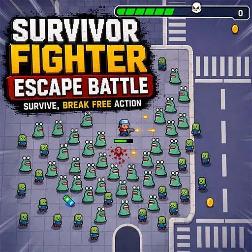 Survivor Fighter Escape Battle game icon featuring a fighter battling groups of green enemies on a city street with a health bar and score display