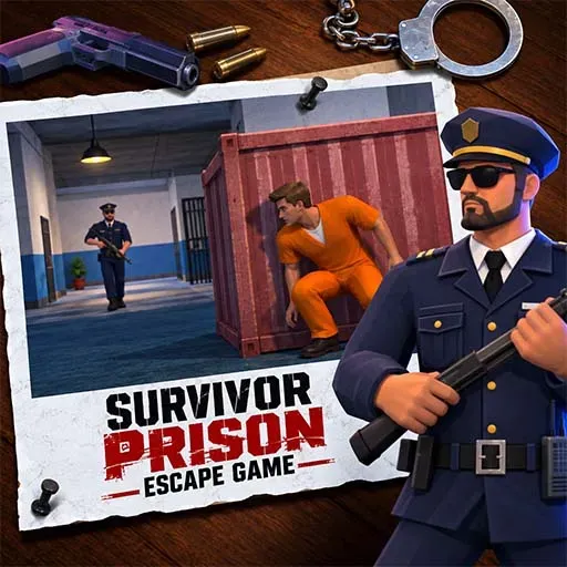 Survivor Prison Escape Game featuring a prisoner hiding behind a shipping container while a police officer approaches, with another armed guard, handcuffs, ammunition, and a prison interior in the background.