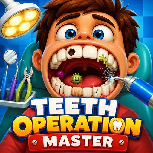 Teeth Operation Master game featuring a virtual dentist cleaning cavities, removing germs, and performing fun dental surgery treatments