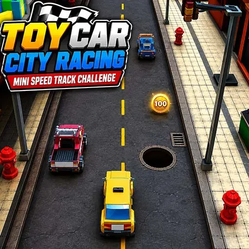 Toy Car City Racing game featuring colorful toy cars racing along an urban road with coins and obstacles.