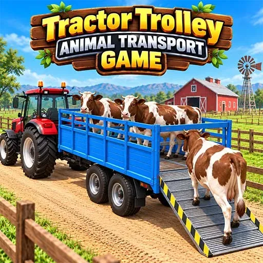 Tractor Trolley Animal Transport Game icon showing a red tractor pulling a blue livestock trailer loaded with cows, with a farm, barn, windmill, fields, and mountains in the background.