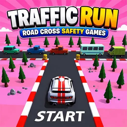 Traffic Run Road Cross Safety Games icon featuring a white sports car at the starting line with traffic crossing ahead on a colorful road