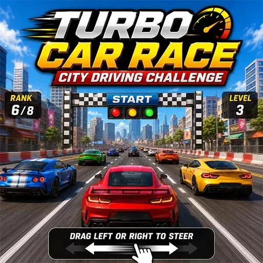 Turbo Car Race City Driving Challenge game icon featuring colorful sports cars racing through a city track toward the starting line