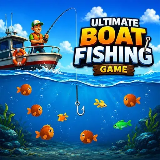 Ultimate Boat Fishing Game featuring a fisherman catching colorful fish from a boat in a fun ocean fishing adventure