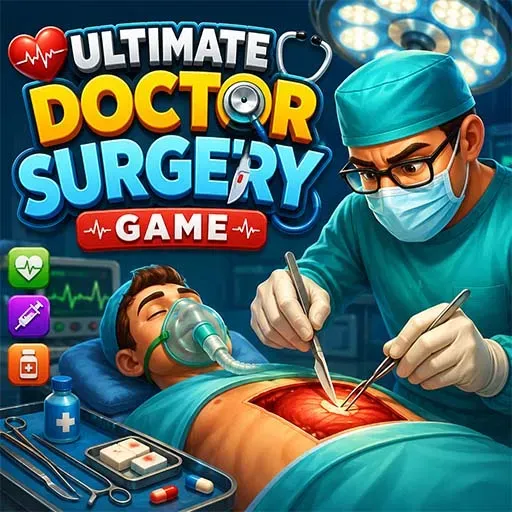 "Ultimate Doctor Surgery Game icon featuring a surgeon performing an emergency operation on a patient in a modern hospital operating room with advanced medical equipment."
