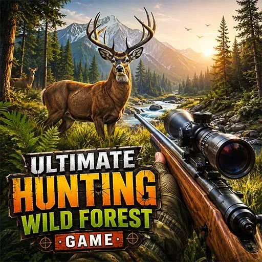 Ultimate Hunting Wild Forest game icon featuring a deer in a forest with a scoped hunting rifle, mountain scenery, and a flowing stream