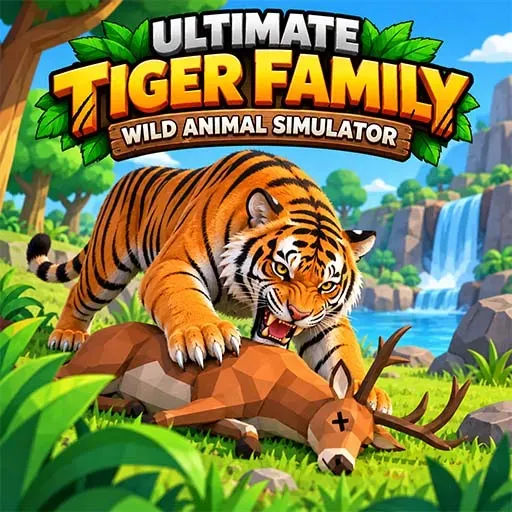 Ultimate Tiger Family Wild Animal Simulator game icon featuring a tiger standing over a deer in a lush jungle environment with rocks, trees, and a waterfall.