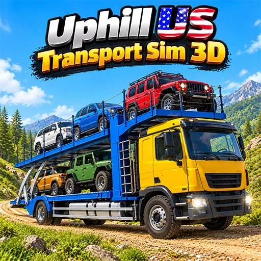 Uphill US Transport Sim 3D game featuring a yellow car transporter truck carrying multiple vehicles through a rugged mountain road, surrounded by pine trees, rocky terrain, and scenic alpine mountains.