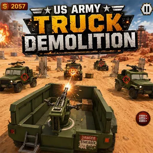 US Army Truck Demolition game icon featuring a military truck with a mounted gun firing at enemy vehicles in a desert battlefield