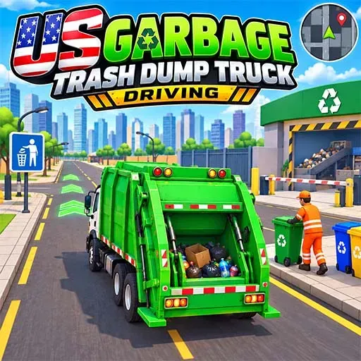 US Garbage Trash Dump Truck Driving game icon featuring a green garbage truck collecting waste on a city street near a recycling facility.