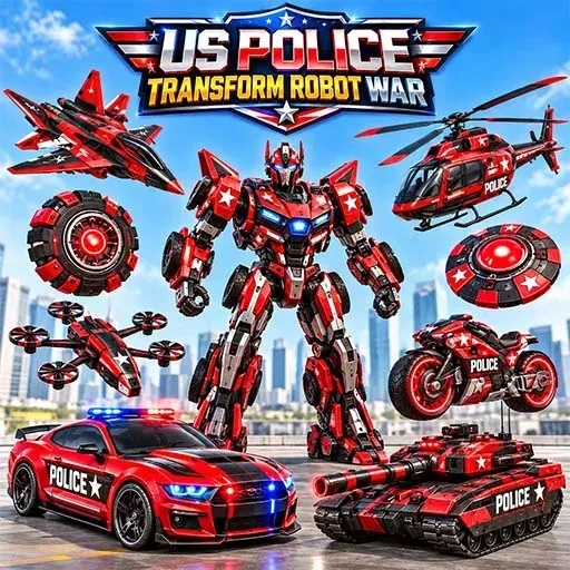 US Police Transform Robot War featuring a red police robot surrounded by transforming police vehicles, including a car, helicopter, motorcycle, tank, and aircraft.