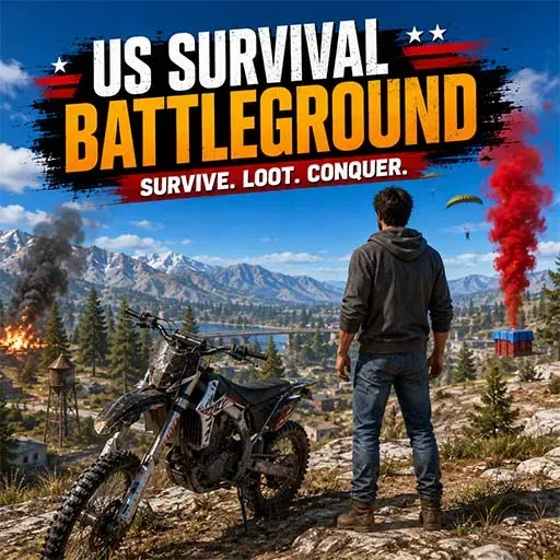 US Survival Battleground game icon featuring a survivor standing beside a dirt bike overlooking a mountainous battleground with smoke and a supply drop