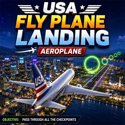 USA Fly Plane Landing game icon featuring a passenger airplane flying over a city at night and passing through glowing checkpoint rings