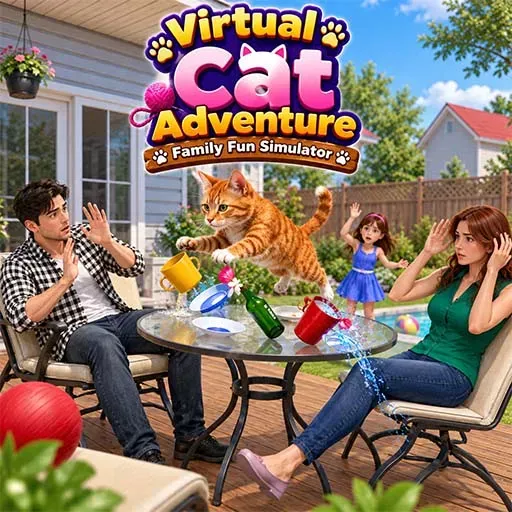 Virtual Cat Adventure Family Fun Simulator featuring an orange cat causing playful chaos on a patio, with a family reacting nearby, spilled drinks, broken dishes, outdoor furniture, and a sunny backyard setting.