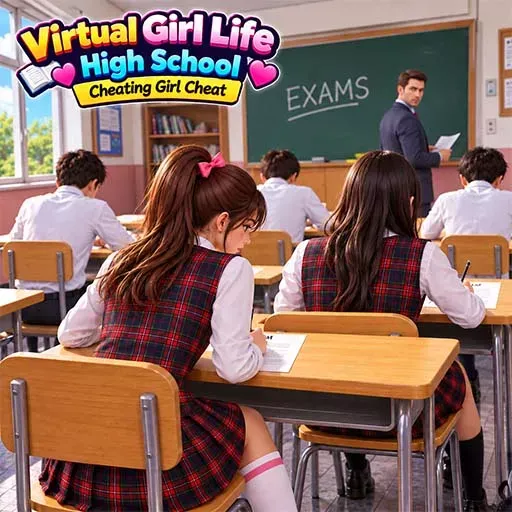 Virtual Girl Life High School game featuring students taking an exam in a classroom, with a teacher at the chalkboard, school desks, bookshelves, and a student secretly looking at another paper.