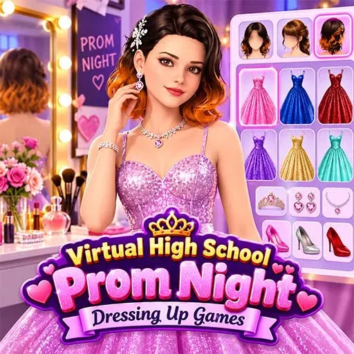 Virtual High School Prom Night Dressing Up Games featuring a girl in a sparkling pink prom dress, surrounded by colorful gowns, hairstyles, jewelry, shoes, and makeup accessories in a stylish dressing room.