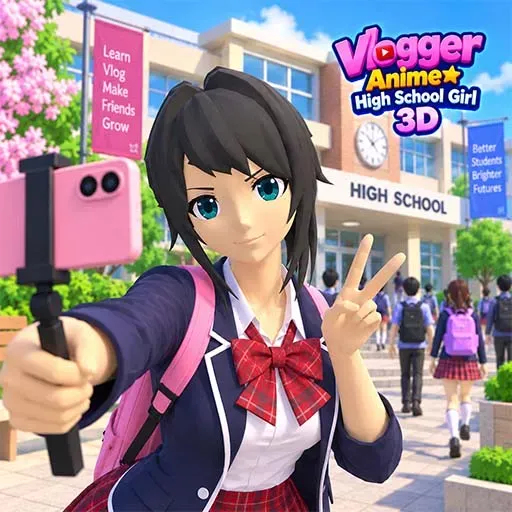 Vlogger Anime High School Girl 3D game featuring an anime-style schoolgirl recording a vlog with a smartphone, standing outside a high school campus with other students and colorful school buildings in the background.