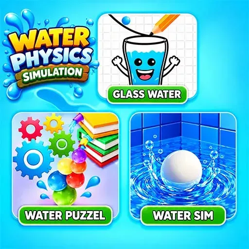 Water Physics Simulation game featuring a smiling glass filled with water, a water puzzle with colorful gears and objects, and a water simulation with a ball creating ripples.