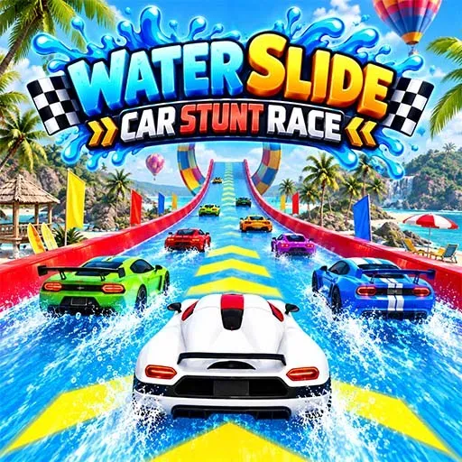 Water Slide Car Stunt Race game icon featuring colorful sports cars racing down a giant water slide at a tropical beach, with splashing water, palm trees, hot air balloons, and vibrant stunt tracks.