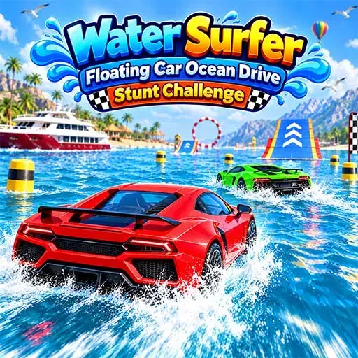 Water Surfer Floating Car Ocean Drive Stunt Challenge featuring a red sports car racing across the ocean, with another green car, floating obstacles, stunt ramps, a loop, palm trees, boats, and a tropical coastal landscape.