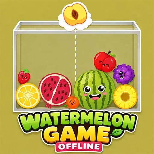 Watermelon Game Offline icon featuring a cute watermelon and colorful fruits inside a container with a fruit-merging puzzle theme