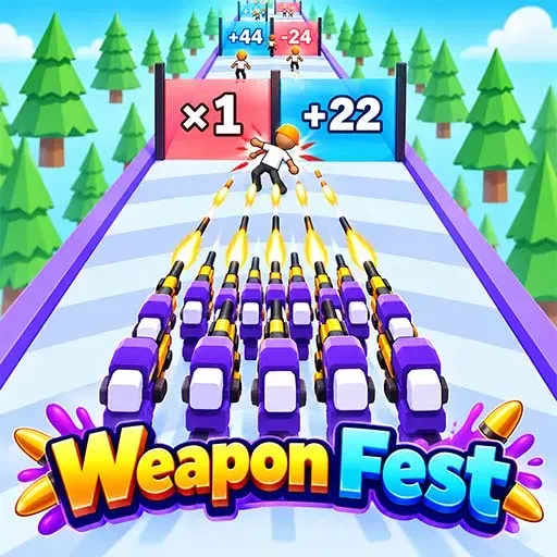 Weapon Fest Run and Upgrade Battle Arena Power Rush Game featuring a character running through a weapon-filled obstacle course, with rows of colorful weapons, multiplier gates, flying projectiles, and a forest background.