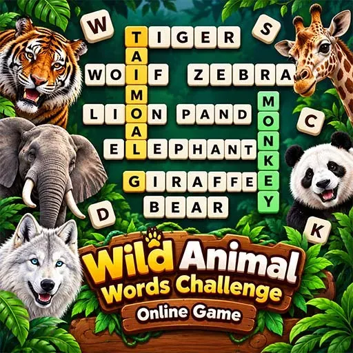Wild Animal Words Challenge Online Game featuring a word puzzle with animal names such as tiger, wolf, zebra, lion, panda, elephant, giraffe, and bear, surrounded by colorful wild animals and a jungle backgroun