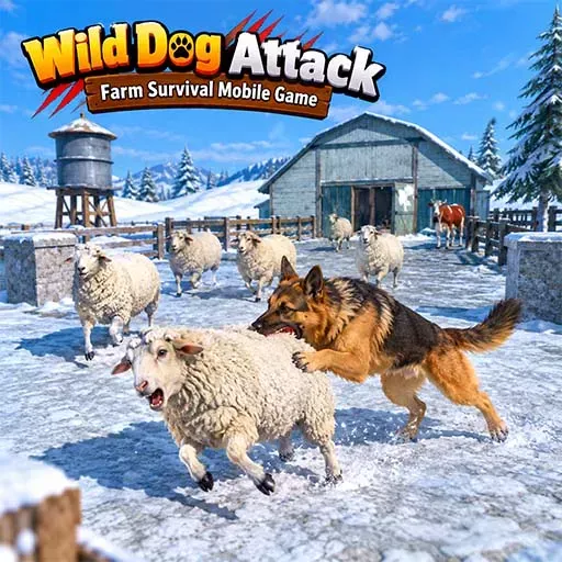Wild Dog Attack Farm Survival Mobile Game featuring a German Shepherd chasing a sheep across a snowy farm, with other sheep, a barn, water tower, fences, and snow-covered trees in the background.