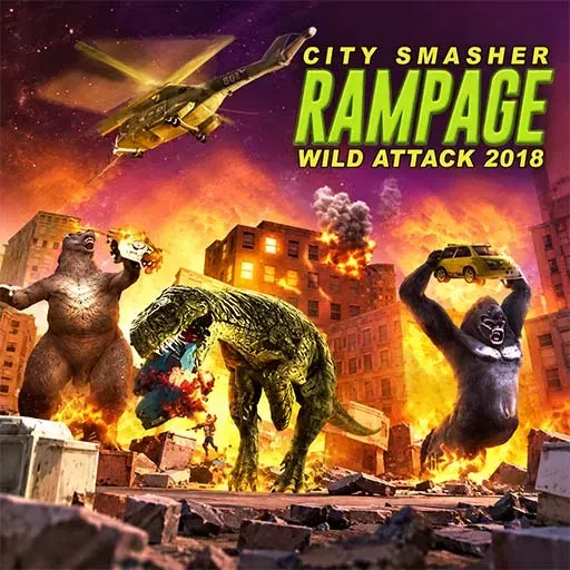 Wild Rampage City Animal Attack Smasher game featuring giant animals destroying a city, including a gorilla holding a car, a dinosaur causing destruction, a roaring monster, explosions, burning buildings, and a military aircraft overhead.