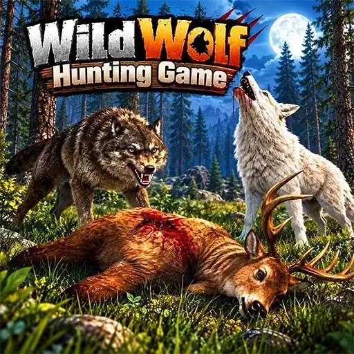 Wild Wolf Simulator Deer Hunting Wolf Mobile Game featuring two wolves in a forest at night, a deer lying on the ground, tall pine trees, mountains, and a bright full moon.