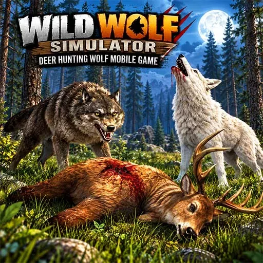 Wild Wolf Simulator Deer Hunting Wolf Mobile Game featuring two wolves in a forest at night, a deer lying on the ground, tall pine trees, mountains, and a bright full moon.
