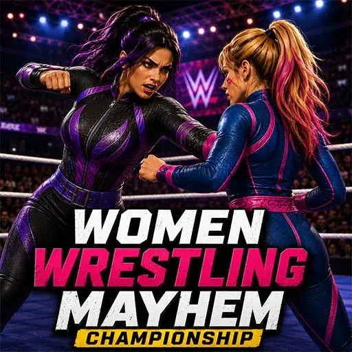Women Wrestling Mayhem Championship game icon featuring two female wrestlers facing off in a brightly lit wrestling arena