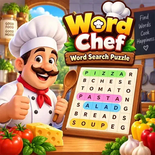 Word Chef Word Search Puzzle game featuring a cheerful chef holding a wooden spoon beside a word search grid with food-related words such as pizza, cheese, tomato, pasta, salad, bread, and soup.