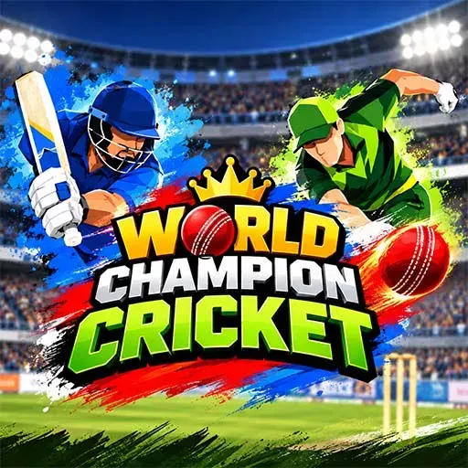 World Champion Cricket game featuring two cricket players in action, with one batsman holding a cricket bat and another player bowling, set in a brightly lit stadium with cricket balls and stumps.