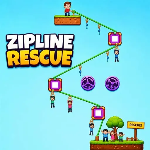 Zipline Rescue game with characters riding ziplines to rescue people, obstacles, and a rescue sign.
