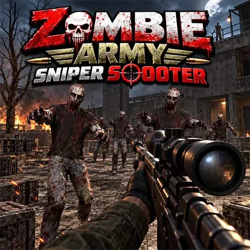 Zombie Army Sniper Shooter game featuring a first-person sniper rifle aimed at a group of zombies in a dark ruined city, with burning buildings, debris, a watchtower, and a moonlit night sky.